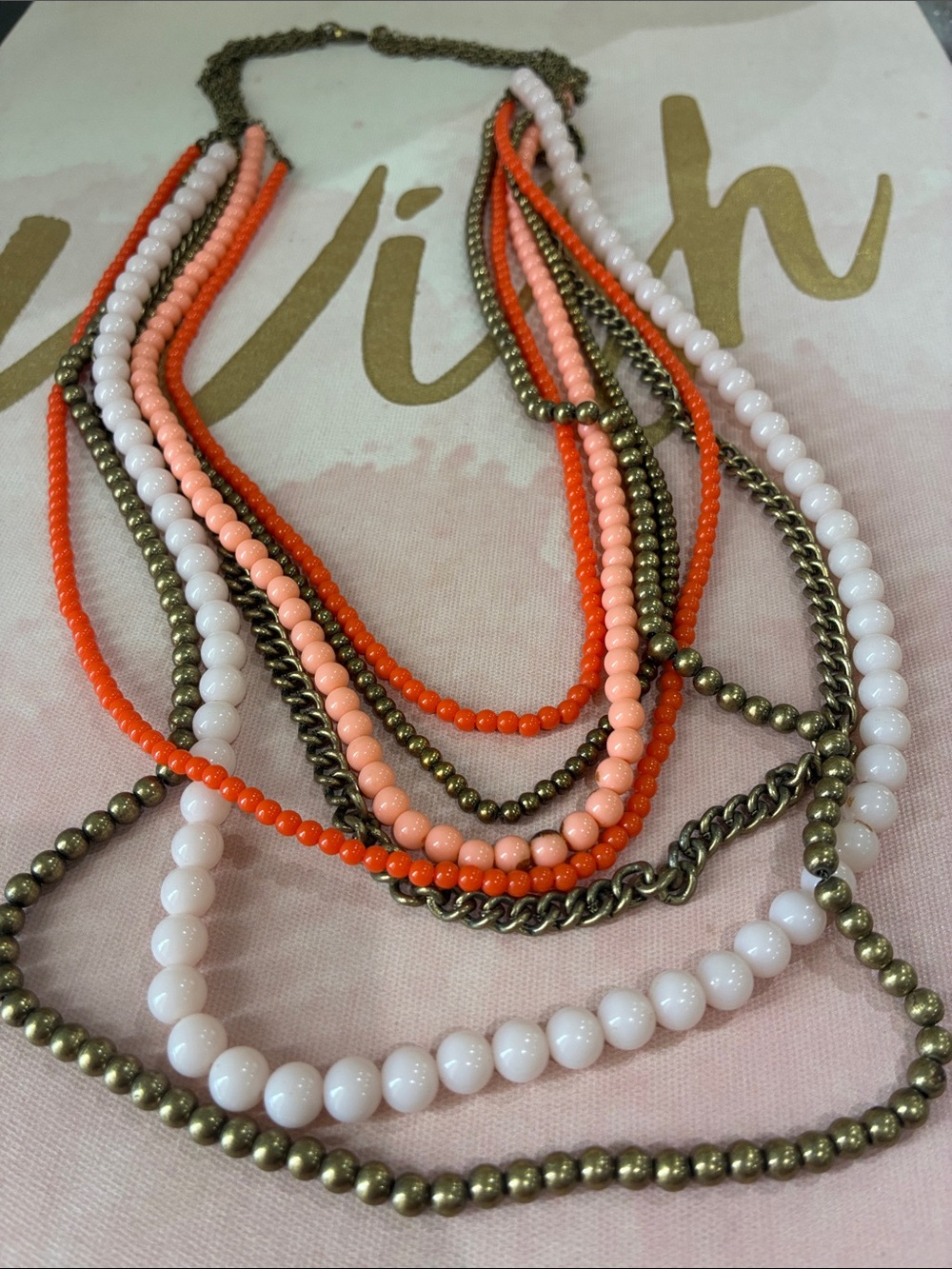 Premier Designs Multi-Strand Orange, Peach & White Beaded Necklace